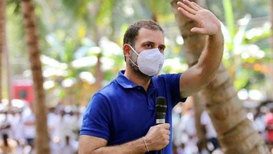 Congress leader Rahul Gandhi waves as he interacts with the farmers at a convention at Vangal Marigoundan Palayam, in Karur on Monday. (ANI Photo)