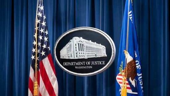 This Jan. 12, 2021, file photo shows a sign for the Department of Justice ahead of a news conference in Washington.(AP) This Jan. 12, 2021, file photo shows a sign for the Department of Justice ahead of a news conference in Washington.(AP)