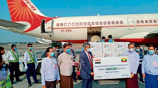 A batch of covid jabs in Myanmar.The consignments for Morocco and Brazil contained 2 mn doses each. ap(MINT_PRINT) A batch of covid jabs in Myanmar.The consignments for Morocco and Brazil contained 2 mn doses each. ap(MINT_PRINT)