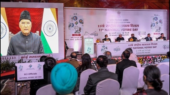 President Ram Nath Kovind virtually addresses the 11th National Voters’ Day, organised by the Election Commission of India, in New Delhi, Monday. (PTI) President Ram Nath Kovind virtually addresses the 11th National Voters’ Day, organised by the Election Commission of India, in New Delhi, Monday. (PTI)