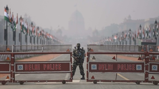 A security personal stands guard at Rajpath ahead of India's Republic Day celebrations in New Delhi.(AFP) A security personal stands guard at Rajpath ahead of India's Republic Day celebrations in New Delhi.(AFP)