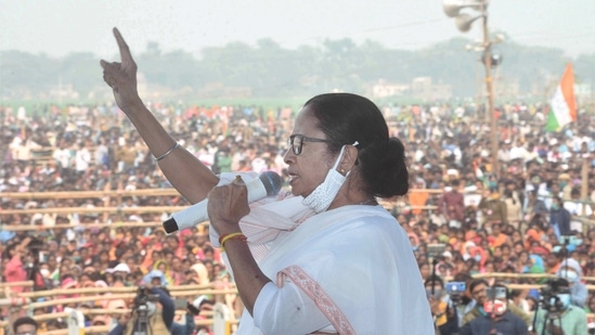 West Bengal Chief Minister Mamata Banerjee addresses a public rally in Hoogly, on Monday. (PTI)