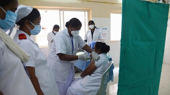 India's recovery rate has touched 96.59 per cent. In picture: Covid-19 vaccination at a government Hospital in Hyderabad, India.(AP) India's recovery rate has touched 96.59 per cent. In picture: Covid-19 vaccination at a government Hospital in Hyderabad, India.(AP)