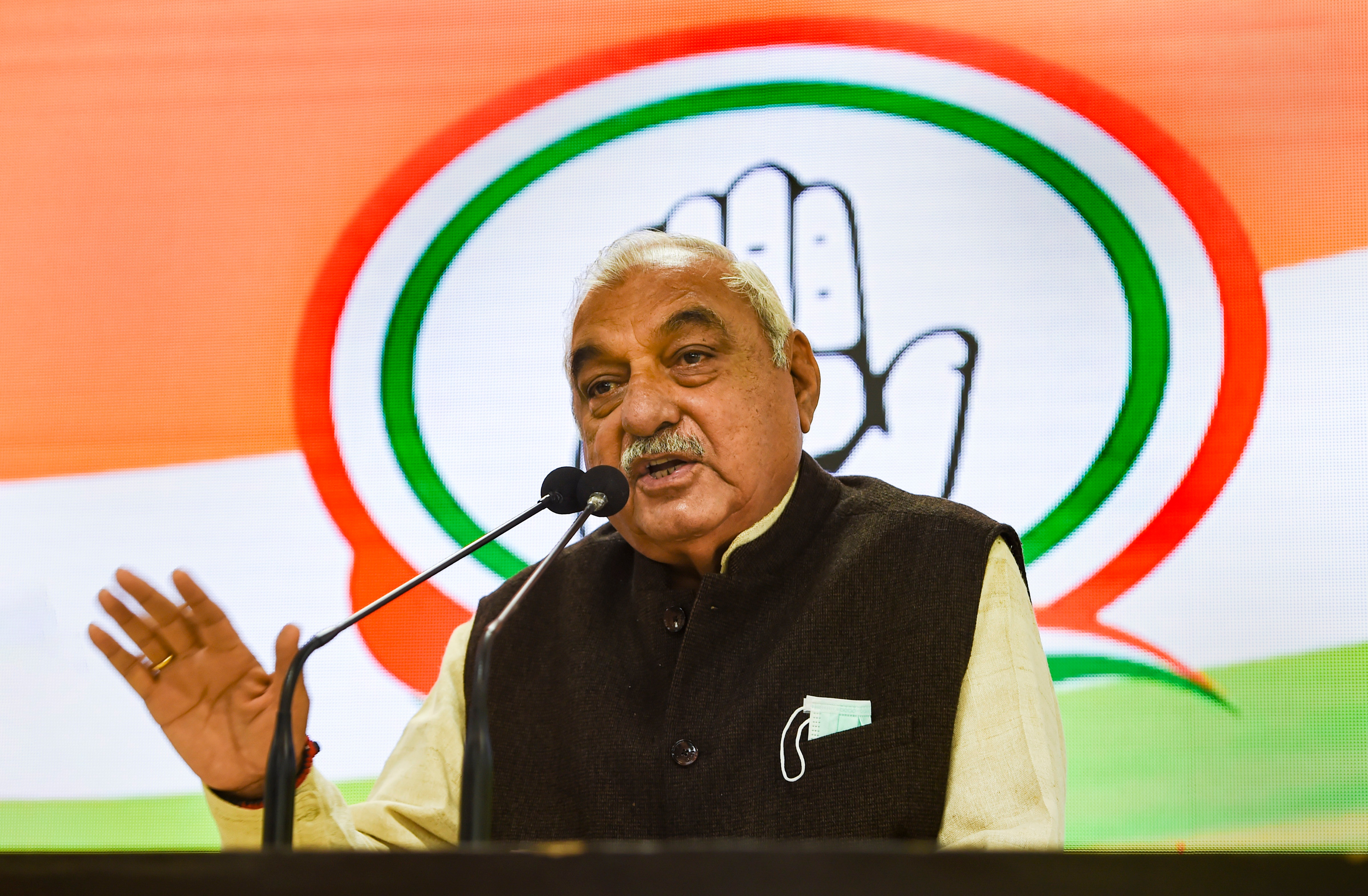 Senior Congress leader Bhupinder Singh Hooda addresses a press conference. (PTI)