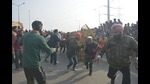 Farmers push past the barricades on Delhi-Ghazipur border, Delhi, on Tuesday, January 26. (Sakib Ali/HT photo) Farmers push past the barricades on Delhi-Ghazipur border, Delhi, on Tuesday, January 26. (Sakib Ali/HT photo)