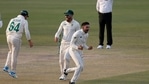 South Africa's spinner Keshav Maharaj, center front, and his teammates celebrate dismissal of Pakistan's Babar Azam.(AP) South Africa's spinner Keshav Maharaj, center front, and his teammates celebrate dismissal of Pakistan's Babar Azam.(AP)