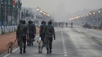 Security personnel keep vigil at Rajpath on the eve of the Republic Day parade, in New Delhi. (PTI Photo ) Security personnel keep vigil at Rajpath on the eve of the Republic Day parade, in New Delhi. (PTI Photo )
