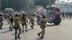 Farmers clashed with Delhi Police personnel near Akshardham. Vehicles parked on the road and DTC buses were damaged(PTI Photo) Farmers clashed with Delhi Police personnel near Akshardham. Vehicles parked on the road and DTC buses were damaged(PTI Photo)