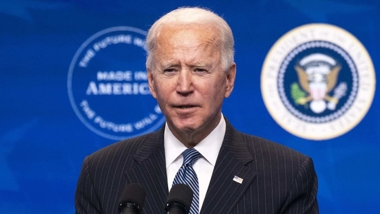 U.S. President Joe Biden delivers remarks on strengthening American manufacturing with U.S. Vice President Kamala Harris, left, at the Eisenhower Executive Office Building in Washington, D.C., U.S., on Monday, Jan. 25, 2021. President Biden will sign an executive order today to boost federal agencies' purchases of U.S. products, fulfilling a campaign pledge to lay out a "Buy American" plan. Photographer: Kevin Dietsch/UPI/Bloomberg(Bloomberg) U.S. President Joe Biden delivers remarks on strengthening American manufacturing with U.S. Vice President Kamala Harris, left, at the Eisenhower Executive Office Building in Washington, D.C., U.S., on Monday, Jan. 25, 2021. President Biden will sign an executive order today to boost federal agencies' purchases of U.S. products, fulfilling a campaign pledge to lay out a "Buy American" plan. Photographer: Kevin Dietsch/UPI/Bloomberg(Bloomberg)