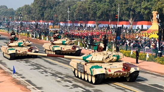 Soldiers on T-90 (Bhisma) tanks march along Rajpath during the Republic Day parade in New Delhi on January 26.(Jewel Samad / AFP)