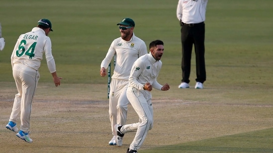 South Africa's spinner Keshav Maharaj, center front, and his teammates celebrate dismissal of Pakistan's Babar Azam.(AP) South Africa's spinner Keshav Maharaj, center front, and his teammates celebrate dismissal of Pakistan's Babar Azam.(AP)