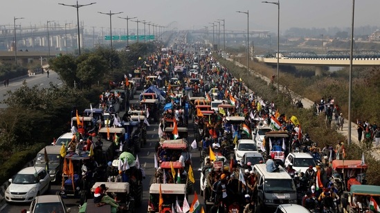Long queues of tractors during a protest rally in New Delhi on January 26. Meanwhile, farmers stationed at Delhi borders commenced on their tractor rally to protest against the new farm laws brought in by the Central government.(Danish Siddiqui / REUTERS)