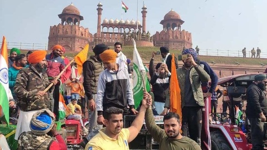 Farmers protesting against the Centre's three controversial farm reforms arrive at the Red Fort in New Delhi as a part of their tractor parade. Farmers protesting against the Centre's three controversial farm reforms arrive at the Red Fort in New Delhi as a part of their tractor parade.