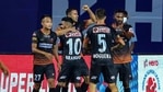 FC Goa players celebrate a goal against Hyderabad FC during their Indian Super League match(PTI) FC Goa players celebrate a goal against Hyderabad FC during their Indian Super League match(PTI)