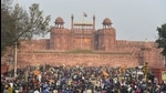 Farmers gather at Red Fort during their tractor parade on Republic Day, in New Delhi. (PTI) Farmers gather at Red Fort during their tractor parade on Republic Day, in New Delhi. (PTI)