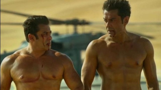 ActorsSalman Khan and Bobby Deol in a still from Race 3.