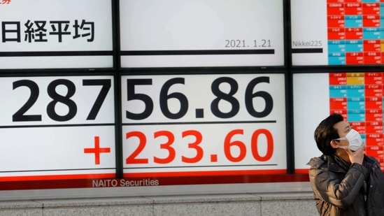 A man wearing a protective mask, amid the coronavirus disease (COVID-19) outbreak, stands in front of an electric board showing Nikkei index outside a brokerage in Tokyo, Japan January 21, 2021. REUTERS/Kim Kyung-Hoon(REUTERS)