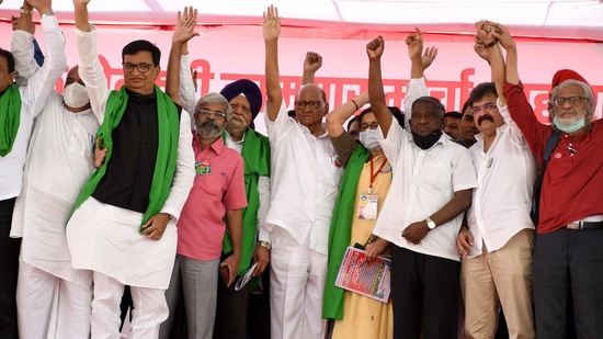 NCP chief Sharad Pawar, cabinet minister Balasaheb Thorat, and Jayant Patil during a gathering in Mumbai.(ANI) NCP chief Sharad Pawar, cabinet minister Balasaheb Thorat, and Jayant Patil during a gathering in Mumbai.(ANI)