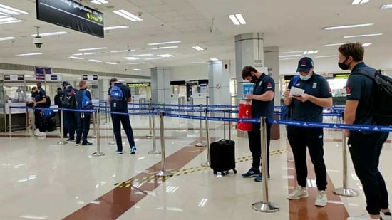 England Cricket team and staff arrive at Chennai Airport on Wednesday. The first Test of the four-match series between India and England will begin on 5th February at MA Chidambaram Stadium in Chennai. (ANI Photo)