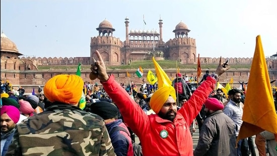 Farmers reach Red fort during their tractor rally on Republic Day, in Delhi . (ANI)