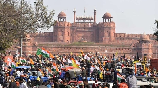 Farmers gather at Red Fort during their tractor parade on Republic Day, in New Delhi. (PTI) Farmers gather at Red Fort during their tractor parade on Republic Day, in New Delhi. (PTI)