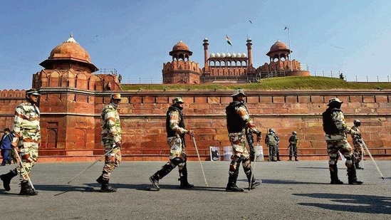 Security personnel guard Red Fort a day after protesters stormed the monument. (PTI)