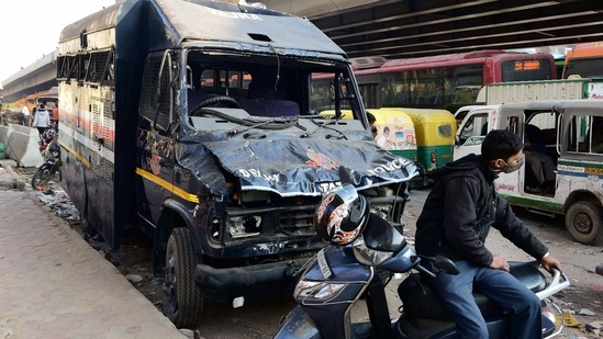 A damaged police vehicle, damaged in Republic Day violence, is seen in New Delhi.(PTI Photo) A damaged police vehicle, damaged in Republic Day violence, is seen in New Delhi.(PTI Photo)