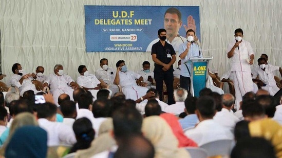 Congress leader Rahul Gandhi addressing office bearers of UDF in Wayanad, his constituency in north Kerala. (HT PHOTO). Congress leader Rahul Gandhi addressing office bearers of UDF in Wayanad, his constituency in north Kerala. (HT PHOTO).