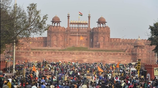 Farmers gather at Red Fort during their tractor parade on Republic Day, in New Delhi. (PTI) Farmers gather at Red Fort during their tractor parade on Republic Day, in New Delhi. (PTI)