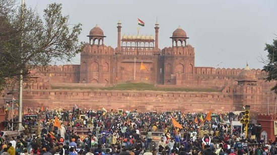 Farmers gather at Red Fort during their tractor parade on Republic Day, in New Delhi. (PTI) Farmers gather at Red Fort during their tractor parade on Republic Day, in New Delhi. (PTI)