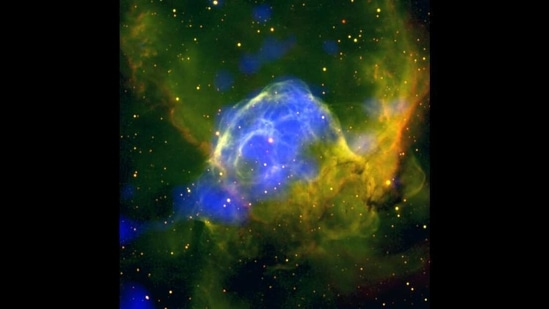 This image of Thor’s Helmet, the cloud of gas and dust named for its bulging shape and wings was shot aboard the European Space Agency’s XMM-Newton satellite observatory, with optical observations from Cerro Tololo in Chile.(Photo courtesy [JA Toala & M.A. Guerrero (IAA-CSIC), Y-H. Chu (UIUC/ASIAA), RA Gruendl (UIUC), S Mazlin, J Harvey, D Verschatse & R Gilbert (SSRO-South) and ESA])