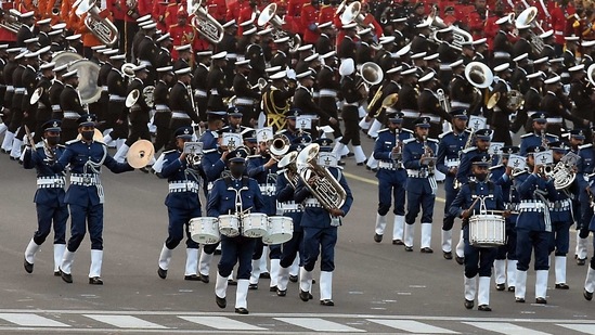 Air Force, Army and Navy bands performing during the full dress rehearsals on January 27. Bands from the three armed force services and paramilitary perform during the Beating Retreat of Republic Day celebrations.(Raj K Raj / HT Photo)