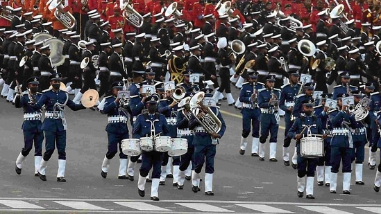 Air Force, Army and Navy bands performing during the full dress rehearsals on January 27 for the Beating Retreat.(Raj K Raj / HT Photo)