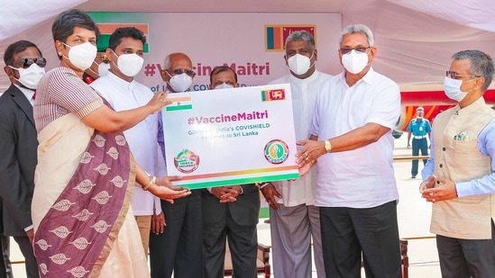 Sri Lankan President Gotabaya Rajapaksa, second right, receives a box of COVID-19 vaccines upon arrival from India, in Colombo on Thursday(AP) Sri Lankan President Gotabaya Rajapaksa, second right, receives a box of COVID-19 vaccines upon arrival from India, in Colombo on Thursday(AP)