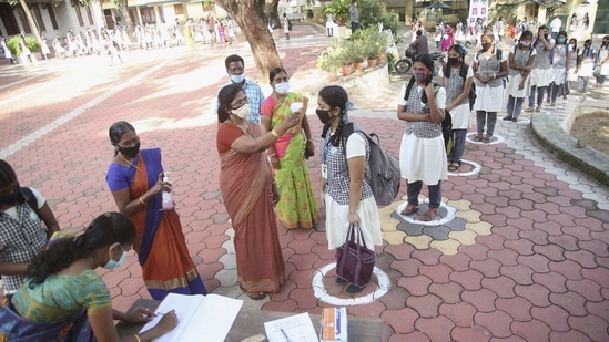Students undergo thermal screening in Kanyakumari.(PTI) Students undergo thermal screening in Kanyakumari.(PTI)