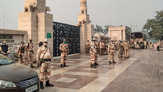 Security personnel stand guard outside Rashtriya Dalit Prerna Sthal after vacated the place overnight Wednesday. (PTI) Security personnel stand guard outside Rashtriya Dalit Prerna Sthal after vacated the place overnight Wednesday. (PTI)