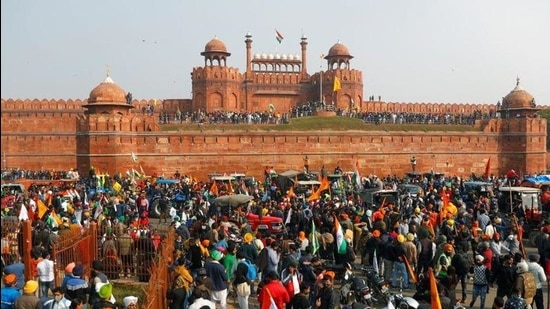 Protesters at the Red Fort on Republic Day. A political blame game has broken out over the siege at the national monument. (Reuters file photo) Protesters at the Red Fort on Republic Day. A political blame game has broken out over the siege at the national monument. (Reuters file photo)
