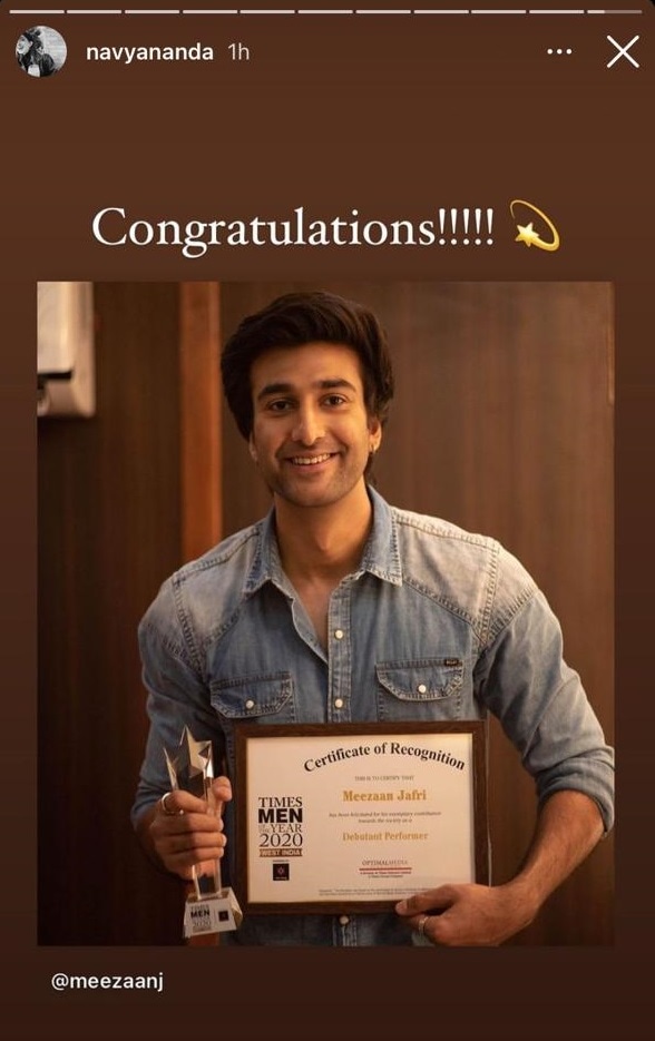 Navya Naveli Nanda congratulated Meezaan on his win.