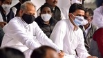 Jaipur: Rajasthan Chief Minister Ashok Gehlot with senior Congress leader Sachin Pilot during a protest against the Centre's new farm laws, at Shahid Smarak in Jaipur, Sunday, Jan. 03, 2021. (PTI Photo)(PTI01_03_2021_000108B)(PTI) Jaipur: Rajasthan Chief Minister Ashok Gehlot with senior Congress leader Sachin Pilot during a protest against the Centre's new farm laws, at Shahid Smarak in Jaipur, Sunday, Jan. 03, 2021. (PTI Photo)(PTI01_03_2021_000108B)(PTI)