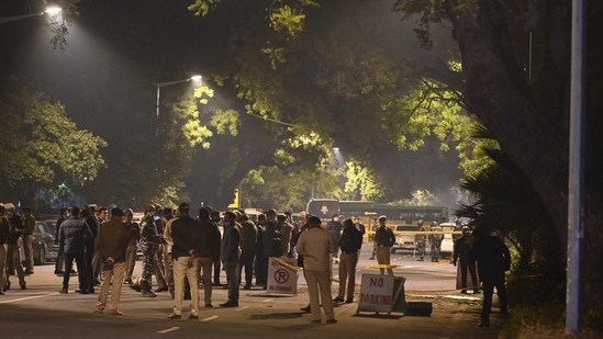 Police gather at a street after an explosion near the Israeli embassy in New Delhi. (AFP) Police gather at a street after an explosion near the Israeli embassy in New Delhi. (AFP)