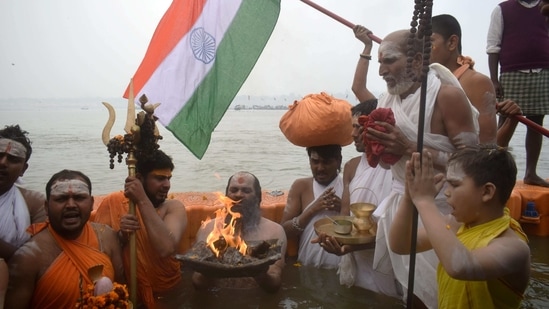 Hermits perform rituals on the bank of Ganga river at Sangam on the occasion of 'Paush Purnima', during the annual Magh Mela, in Prayagraj. (PTI) Hermits perform rituals on the bank of Ganga river at Sangam on the occasion of 'Paush Purnima', during the annual Magh Mela, in Prayagraj. (PTI)