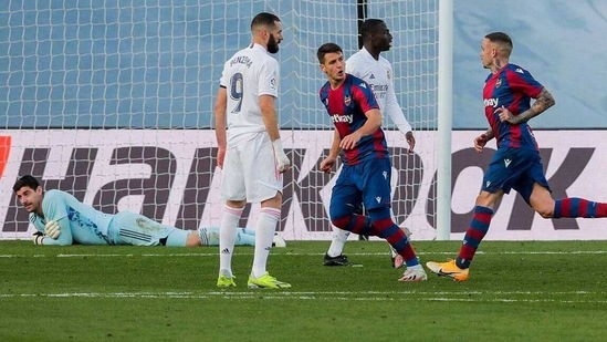 Levante's Roger Marti celebrates after scoring his team's second goal. (AP Photo)