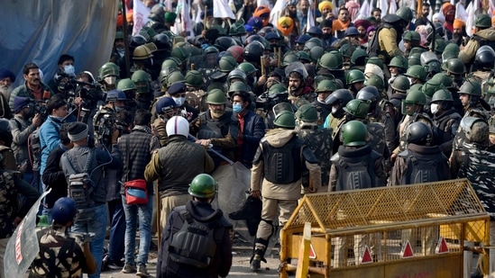 Security personnel at Singhu border during the farmers protest against farm laws, in New Delhi. 