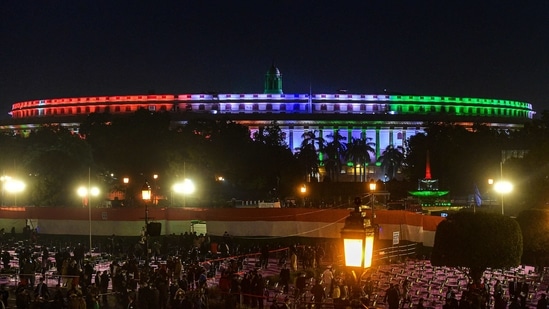 New Delhi: Parliament House illuminated in tricolors during the Beating Retreat ceremony, in New Delhi, Friday, Jan 29, 2021. (PTI Photo/Kamal Kishore)(PTI01_29_2021_000328B) (PTI) New Delhi: Parliament House illuminated in tricolors during the Beating Retreat ceremony, in New Delhi, Friday, Jan 29, 2021. (PTI Photo/Kamal Kishore)(PTI01_29_2021_000328B) (PTI)