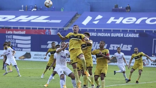 Eli Sabia of Chennaiyin FC and Francisco Jose Sandaza Asensio of Hyderabad FC in action. (PTI) Eli Sabia of Chennaiyin FC and Francisco Jose Sandaza Asensio of Hyderabad FC in action. (PTI)
