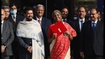 India's finance minister Nirmala Sitharaman holds up a folder with the Government of India logo, as India's Chief Economic Advisor Krishnamurthy Subramanian and Minister of State for Finance and Corporate Affairs Anurag Thakur look on, February 1, 2021. (REUTERS) India's finance minister Nirmala Sitharaman holds up a folder with the Government of India logo, as India's Chief Economic Advisor Krishnamurthy Subramanian and Minister of State for Finance and Corporate Affairs Anurag Thakur look on, February 1, 2021. (REUTERS)
