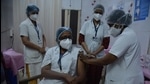 Health workers get vaccinated at Thane as part of the state wide vaccination drive for Covid 19 at Thane. (Praful Gangurde/HT Photo) Health workers get vaccinated at Thane as part of the state wide vaccination drive for Covid 19 at Thane. (Praful Gangurde/HT Photo)