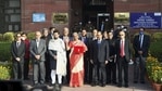 Finance minister Nirmala Sitharaman holds a bahi khata containing the Union Budget 2021-22 as she poses for a group photograph with MoS Finance Anurag Thakur and other members of finance ministry, at North Block in New Delhi on Monday.(PTI Photo) Finance minister Nirmala Sitharaman holds a bahi khata containing the Union Budget 2021-22 as she poses for a group photograph with MoS Finance Anurag Thakur and other members of finance ministry, at North Block in New Delhi on Monday.(PTI Photo)