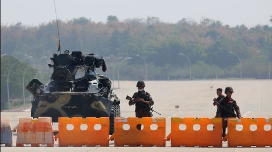 Myanmar's military checkpoint is seen on the way to the congress compound in Naypyitaw, Myanmar, on February 1. (REUTERS)