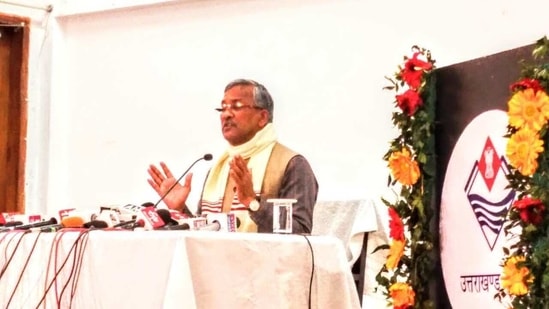 Uttarakhand Chief Minister Trivendra Singh Rawat speaking on the Union budget in Dehradun on Monday (HT PHOTO) Uttarakhand Chief Minister Trivendra Singh Rawat speaking on the Union budget in Dehradun on Monday (HT PHOTO)